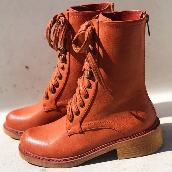 NEW Cognac Orange Laced Up Zipper Back Wooden Heel Mid Calf Ankle Combat Boots - Picture 6 of 13